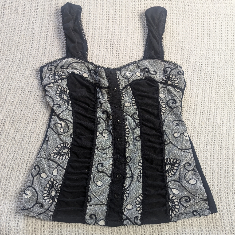 FANG Tank Top Cami Black Women's XL Embroidered Y2K Rare Embroidered Ruched Lace